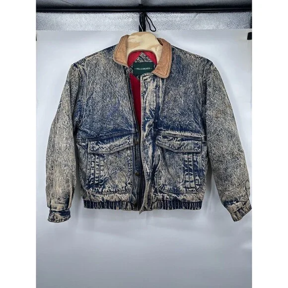 VTG Hill & Archer Trucker Jacket Acid Wash Denim Leather Collar‎ Mens XL Zip